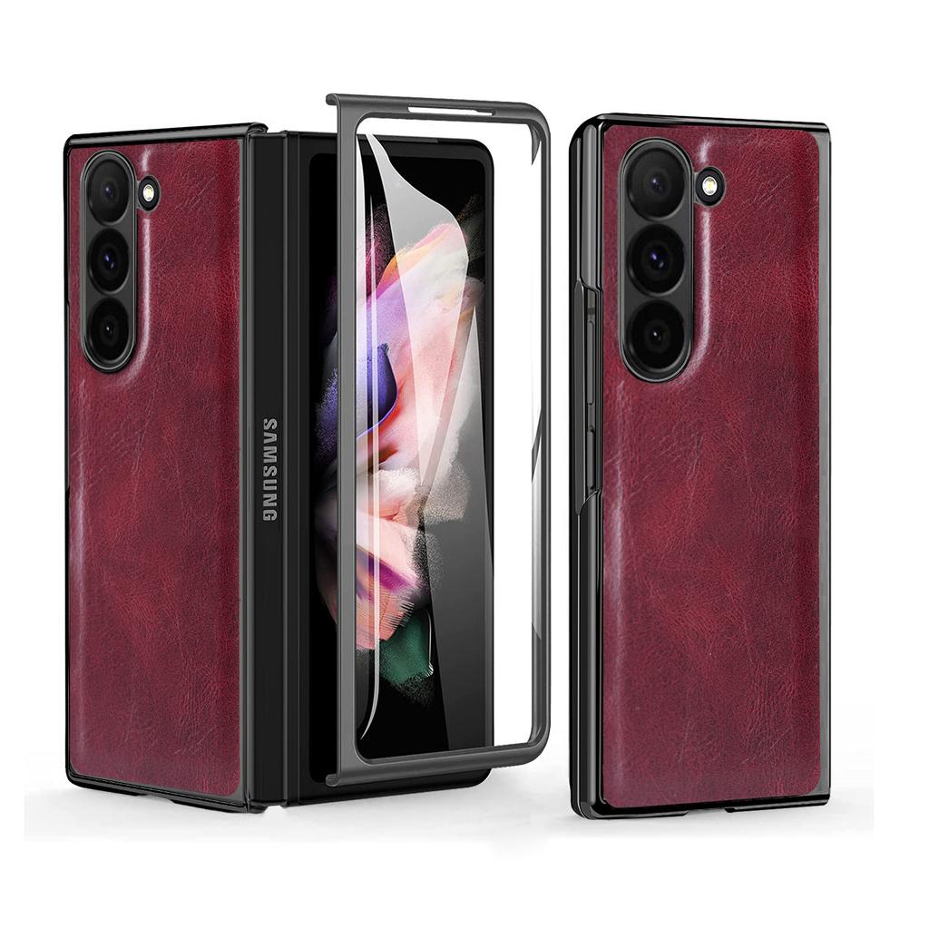 VIETAO Crazy Horse Plain PU Leather Mobile Phone Case with Temper Glass for Samsung Galaxy Z Fold 6 Fold 5 Fold 4 Fold 3 Fold 2