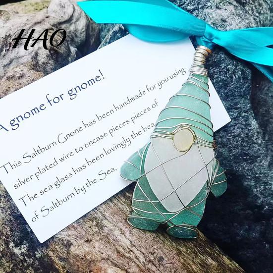 Sea Glass Collector Ornament Handmade Ornament, Snowflake Gnome Christmas Tree with Bowknot, Coastal Sustainable Holiday Decoration Style Dog