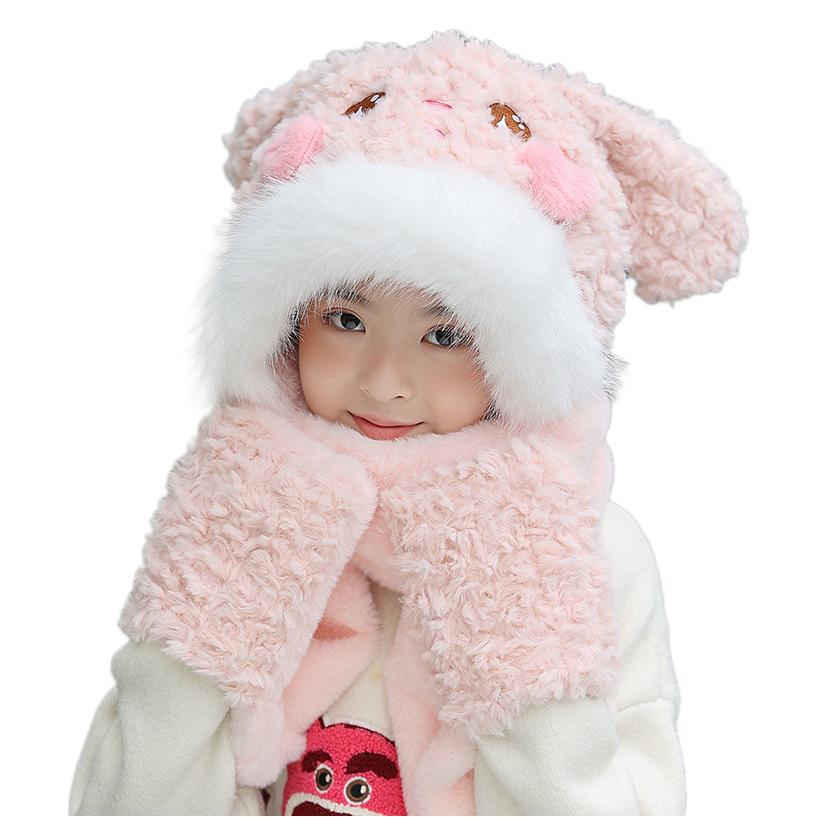 Children's Plush Winter Hat Set: Three-Piece Scarf, Gloves, and Ear-Protecting Cap