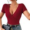 Women's Solid V-neck Sexy Slim Fit Knitted Short Sleeved T-shirt Top