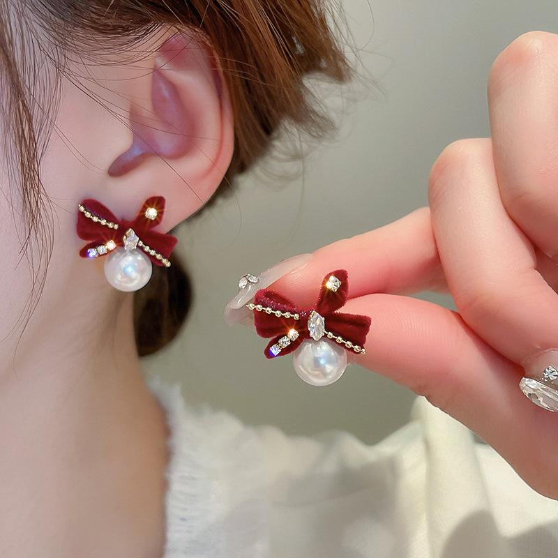 Vintage Red Flocking Earrings Collection Bow Knot Earstuds Vintage Style Earrings Jewelry Gift