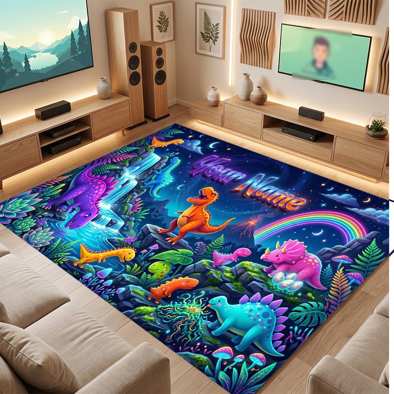 Dinosaur Theme Soft Crystal Velvet Rug Custom Name & Text Print Non Slip Floor Rug for Bedroom Living Room