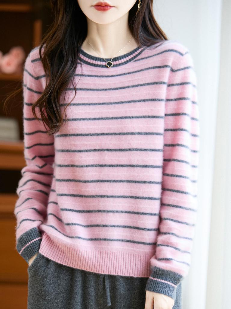 Women's Autumn 2025 Striped Cashmere Knit Sweater - Round Neck & Long Sleeve, Loose Fit