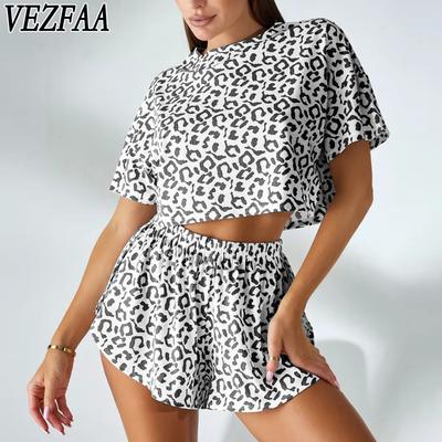 Женская мода повседневная летняя весна леопардовый принт короткий рукав О-образный вырез брюки брюки костюмы