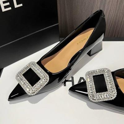 Новый Стиль Роскошная Женская Мода Металл Кристалл Сращивание Женские Туфли Лодочки Котенок Толстый Каблук Элегантные Вечерние Женские Туфли Zapatos De Mujer