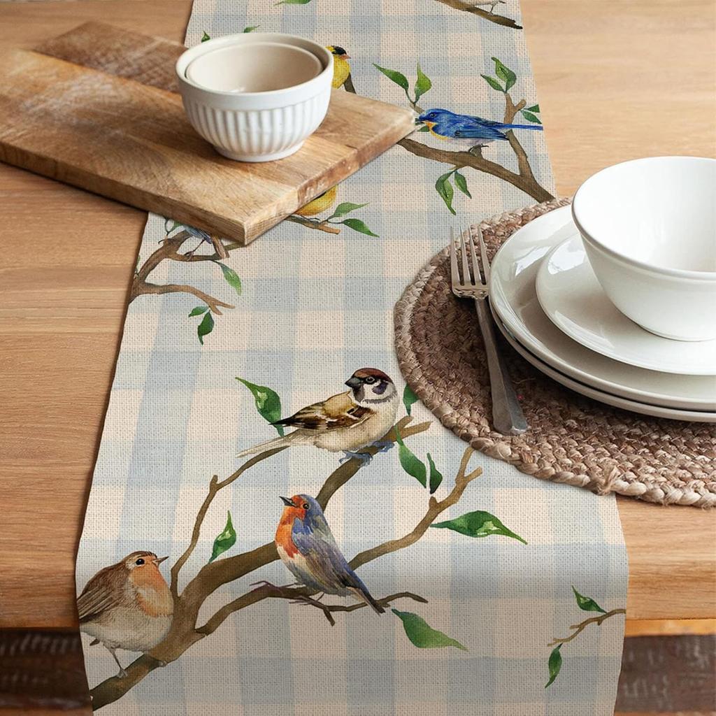 Seliem Spring Birds Tree Branches Table Runner, Buffalo Plaid Check Bluebird Robin Goldfinch Chickadee Home Kitchen Dining Decor, Summer Seasonal