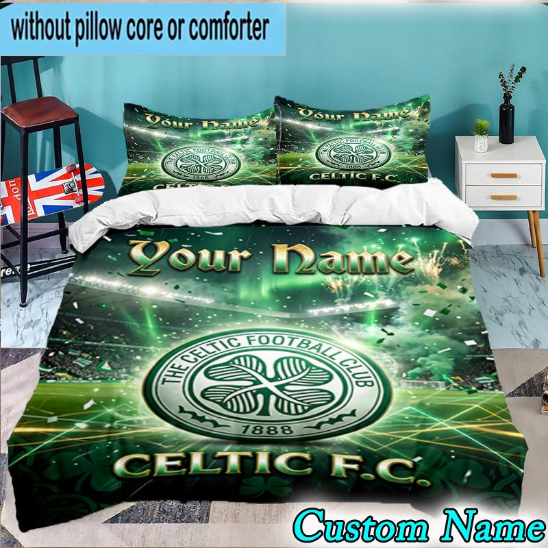 Custom Name Celtic Fc Crest Design 3PCS Bedding Set For Bedroom Dormitory,Including 1pc Duvet Cover And 2pcs Pillowcases Large size Fan gift