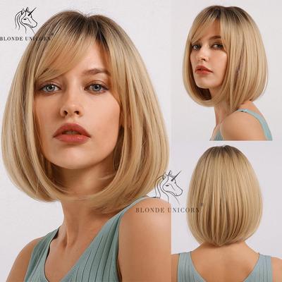 Короткие парики из синтетических волос Dark Root Blonde Ombre с челкой для женщин Cosplay Party Daily Wig