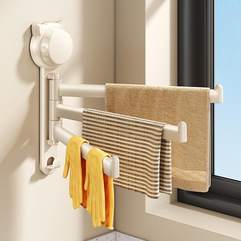 1pc Rotatable Suction‑Cup Towel Rack, Multi‑Rod Draining Holder with 3 Hooks, Kitchen Window Sill Organizer