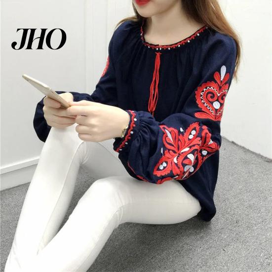Embroidered Lantern Sleeve Blouse Summer Shirt Women Ethnic Style Pattern Pullover Top Tops Round Neck Loose Fit Retro