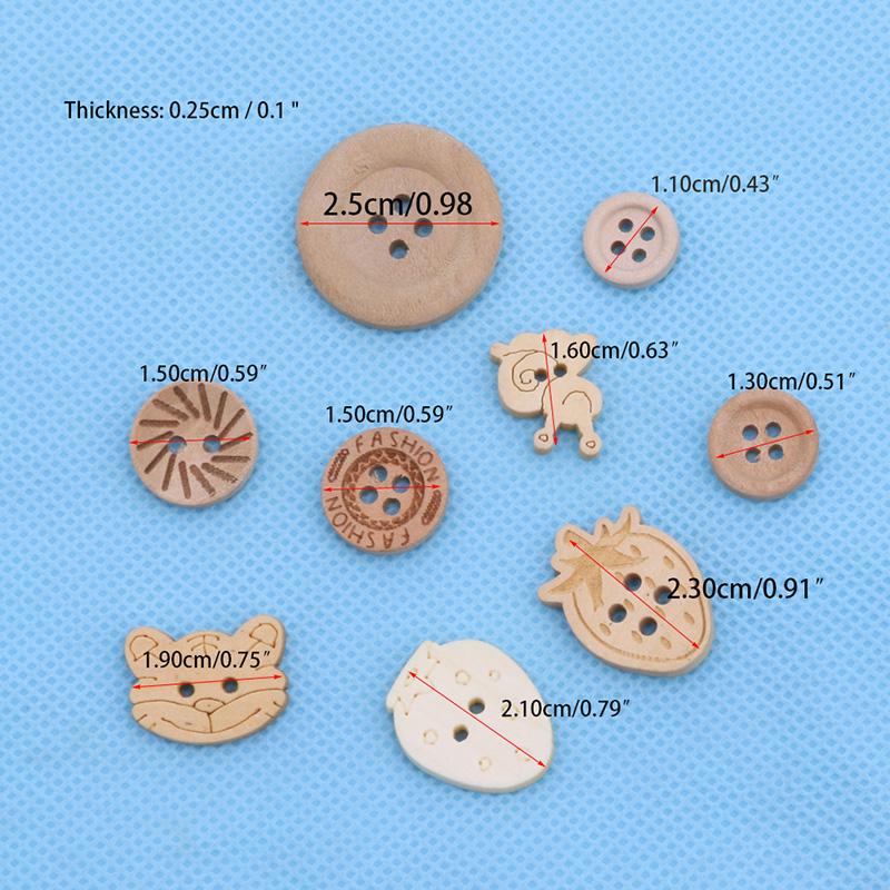 100pcs/lot Mix Shape 2 Holes Natural Color Wooden Pattern Wood Sewing Buttons