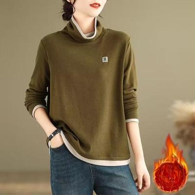 Осень и Зима Новый Водолазка Сращивание Базовая Рубашка Женская Мода Двусторонняя Утолщенная Свободная Контрастная Верх