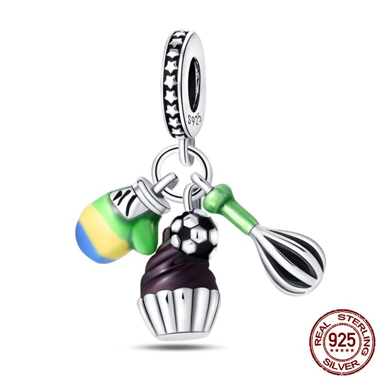 Real 925 Sterling Silver Chocolate Pizza Cake Fries Food Charms Beads Fit 925 Original Bracelets DIY Cute Jewelry Gifts