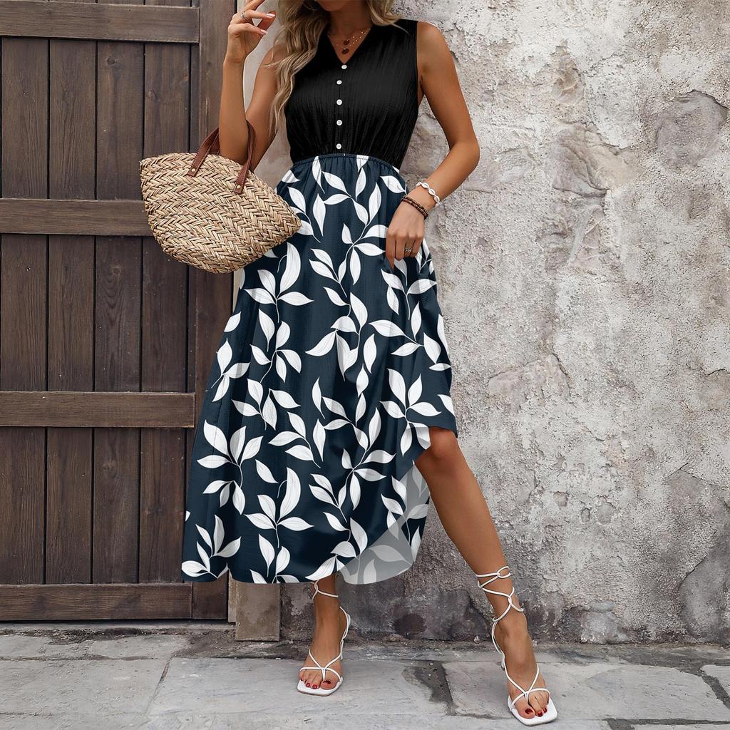 Women's Casual And Fashionable V-neck Sleeveless Printing Mid Length Dress