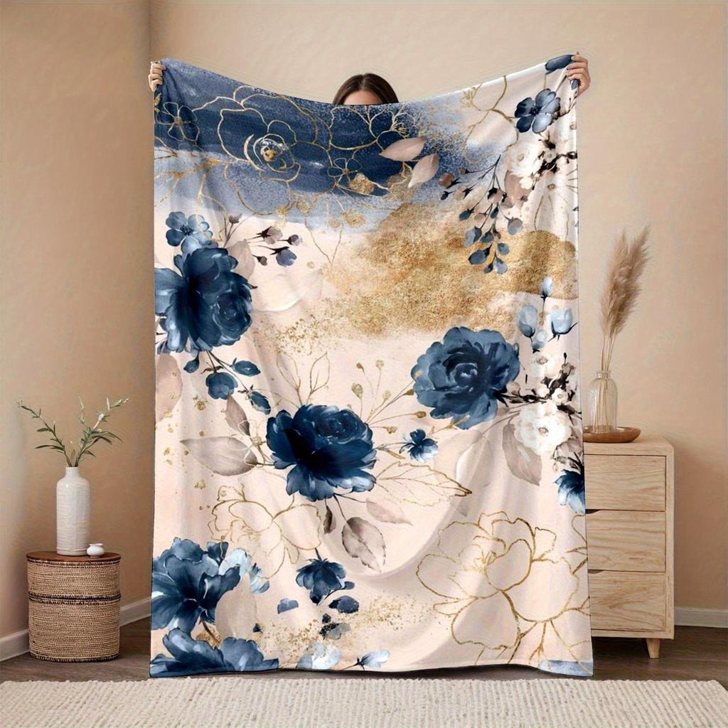 1pc blue floral pattern blanket polyester fabric machine washable suitable for bedroom living room decoration