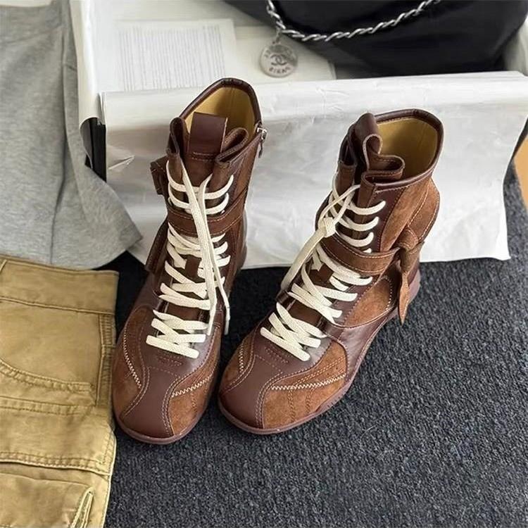 [Издание из коровьей кожи] Женские ботинки Мартин Новые нишевые ботинки в западном стиле Матовая кожа Круглый носок Полусапоги Боксерские ботинки