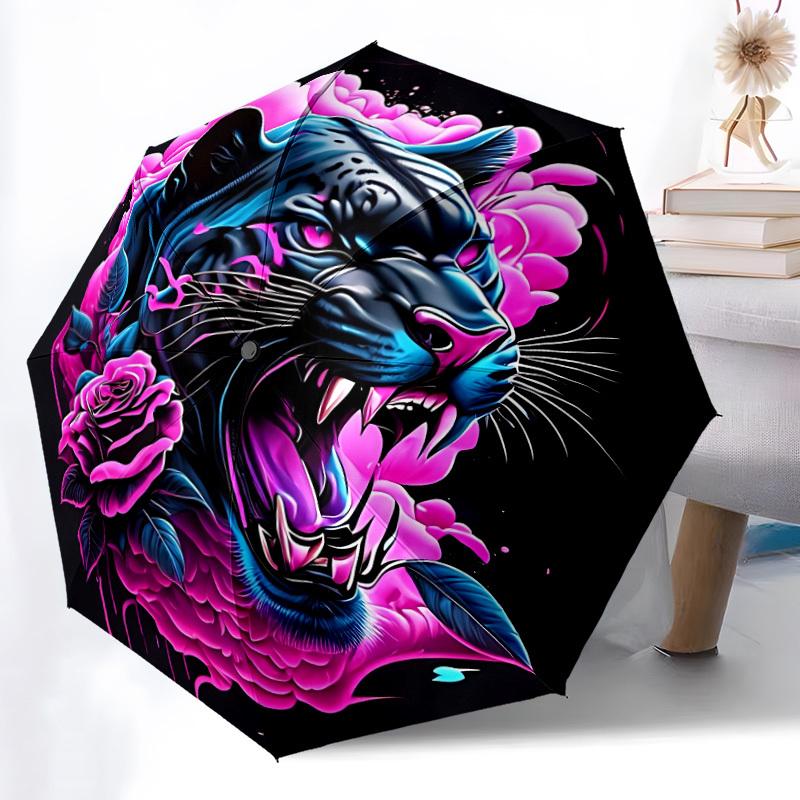 1pc Panther Roses Automatic Opening/Closing Umbrella with Operation & Windproof Canopy - Folding Design, Holiday Gift yy260225171