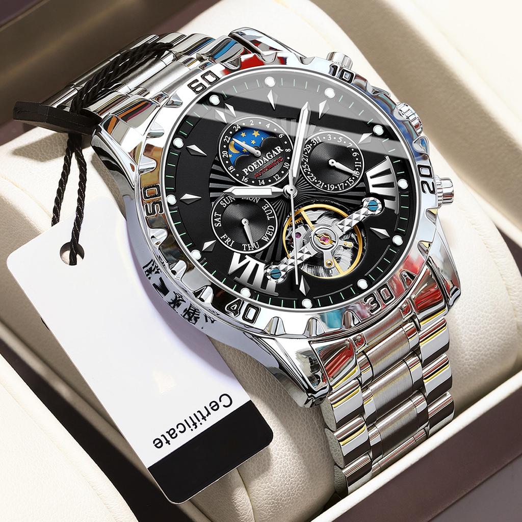Dual Calendar Men's Fully Automatic Tourbillon Hollow Mechanical Watch Fashionable Waterproof Luminous Moon Phase Dial Men's Business Mechanical Watch