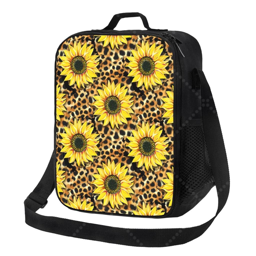 Sunflower And Leopard Pattern Lunch Bag with Adjustable Shoulder Strap Reusable Thermal Bento Tote for Work Picnic Beach