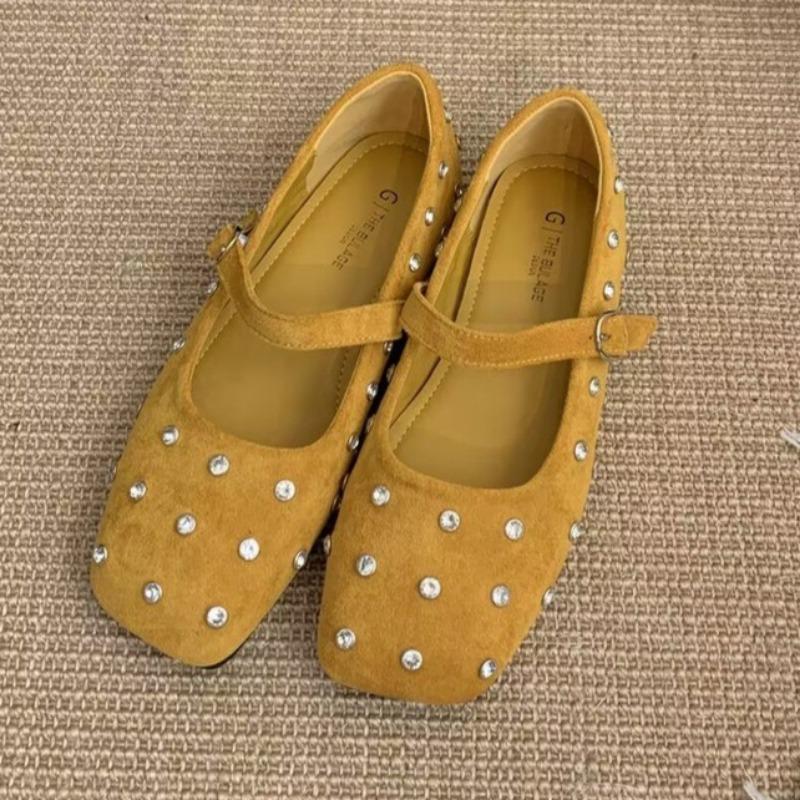 Fashion Single Shoe Spring New Square Head Shallow Mouth Crystal Flannelette Word with Soft Sole Anti-slip Wear-resistant Flat Shoes