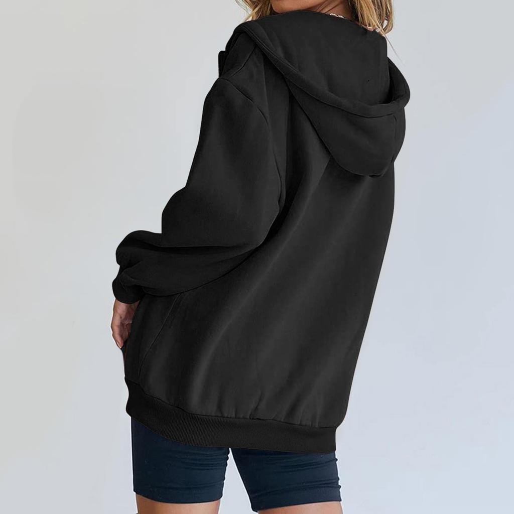 Solid Color Long Sleeve Pocket Hooded Zipper Thickened Pullover Sweatshirt for Women