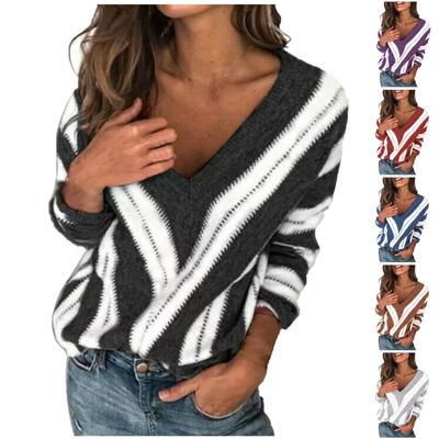 Женский модный свитер с V-образным вырезом и длинными рукавами в полоску, повседневный пуловер