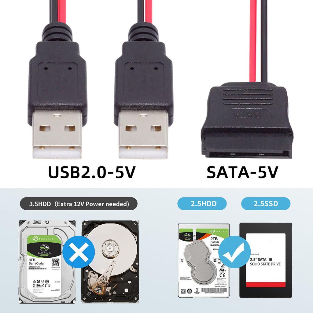 U2-070-2P Кабель питания DC 5V Dual USB на SATA 15-Pin для 2,5-дюймового SATA HDD SSD дисковода, 5V 2A Макс