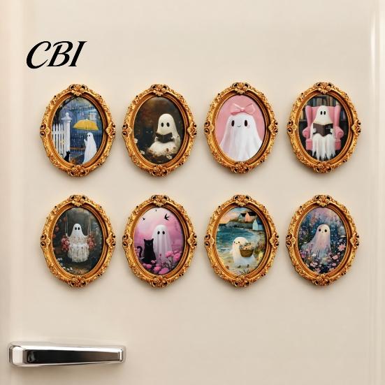 Decorative Magnetic Decor Halloween Ghost Fridge Magnet, Vintage Oval Frame Refrigerator Magnet Wooden Kitchen Decoration Accessories, Party