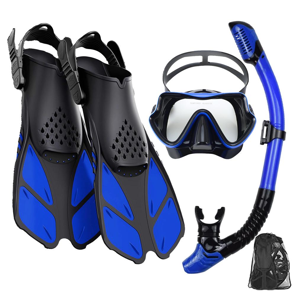 Mask Fins Snorkel Set, Snorkeling Gear for Adults, Panoramic View Snorkel Mask Anti-Fog, Adjustable Dive Flippers, Dry Top Snork