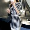 Female Commuter Slim Chiffon Striped Blouses Small V-Neck Button Patchwork Casual Short Sleeve Shirt Women's Summer Clothes 4XL