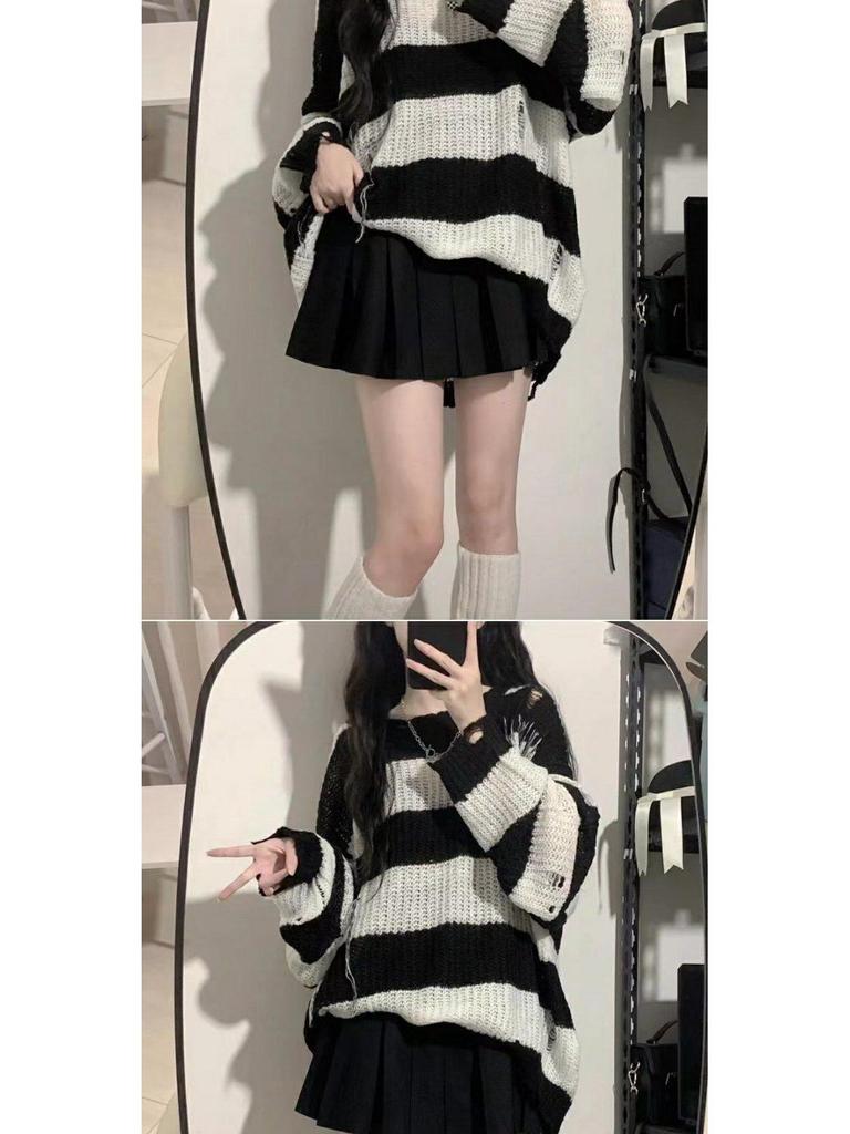 Women's Black and Pink Striped Sweater, Loose Fit, Medium-Long, Lazy Style, 2024 Spring/Autumn Fashion Top.