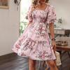 Summer Casual Women Floral Printed Short Sleeve Square Collar Party One Piece Dress