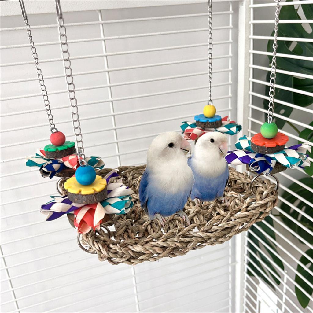 Multiuse Bird Perch Chewable Hammock Cage Hanging Toy with Natural Woven Straw Safe For Pet Parrots Entertainment Fun
