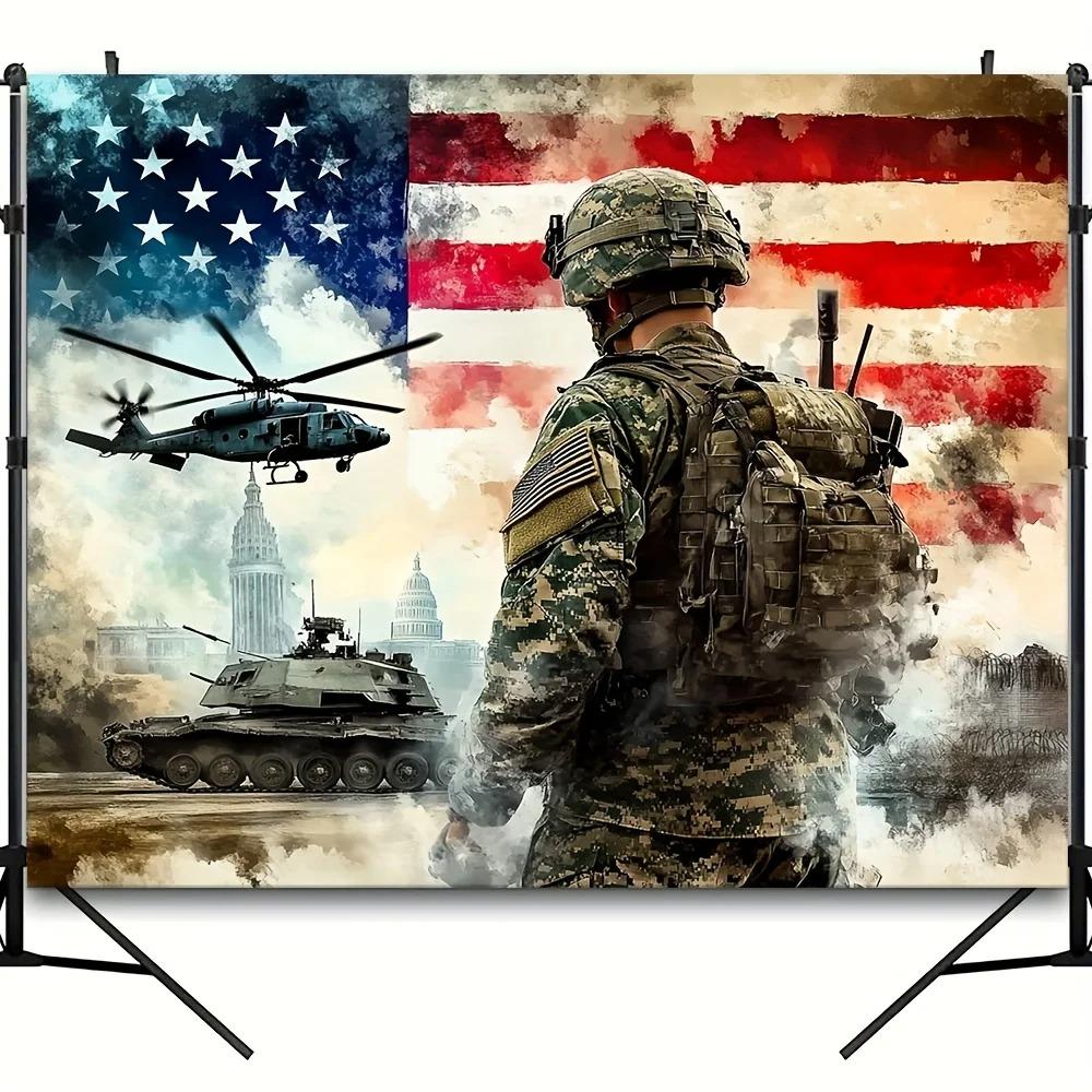 Military-themed soldier and helicopter design decor Backdrop with the American flag party background military decor Banner