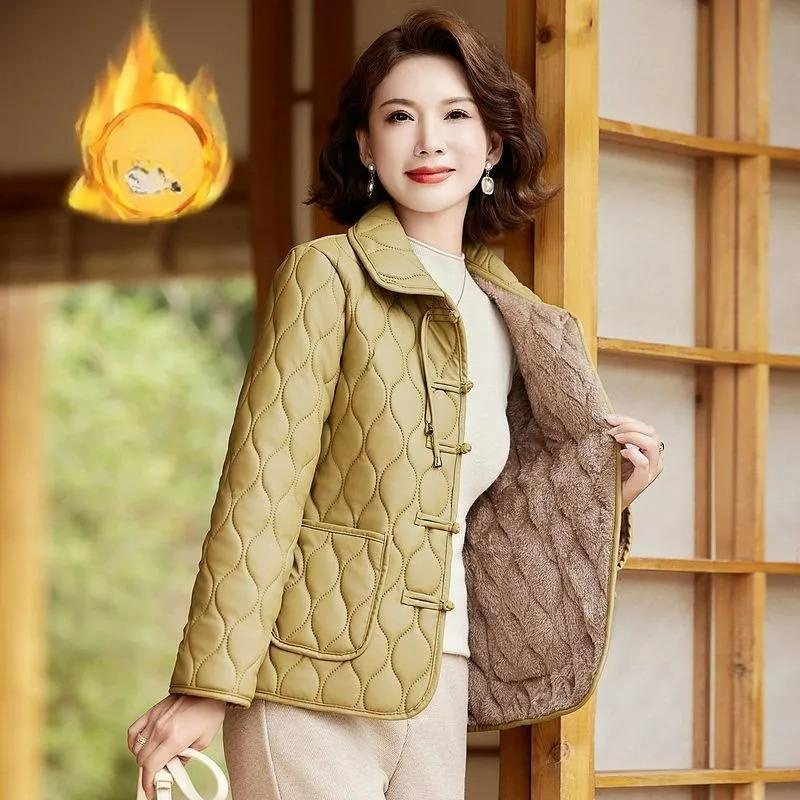 Chinese-style Mother Plus Velvet Jacket, PU Leather, Windproof Clothes, Autumn and Winter Age-reducing Retro Cotton-padded Clothes