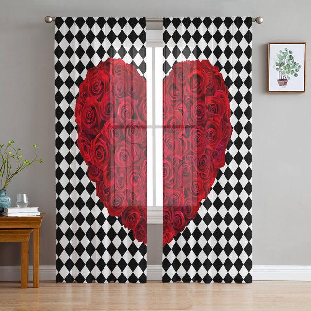 Красная роза, зеленый лист, растение, красивые прозрачные шторы для гостиной, спальни, украшения, оконная вуаль, утренняя тюлевая занавеска