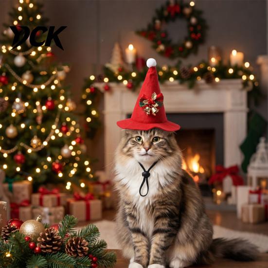 Small Dog Santa Costume Christmas Cat Hat, Red Pointed Hat with Bell And Bow, Adjustable Decorative Pet Felt for Dogs, Cats, Festive Party