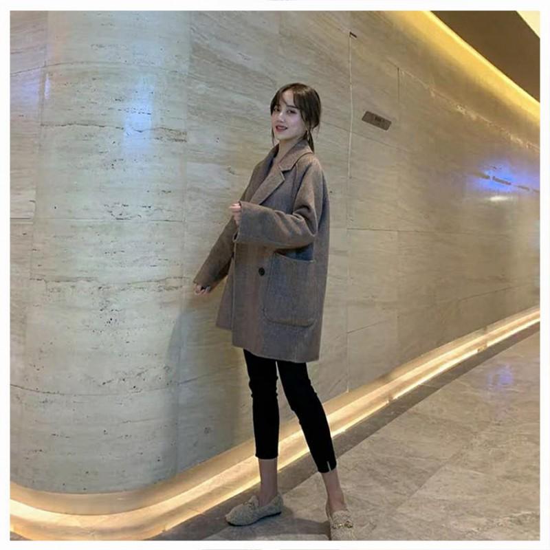 Womens Herringbone Wool Blend Coat Winter Loose Fit Oversized Blazer Jacket With Notched Lapel