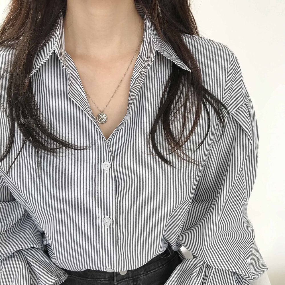 Striped Shirt Female Lantern Long-sleeved Early Spring Chic Blouse Design Sense Niche Retro Temperament Vintage Basic Office Casual Women Shirt