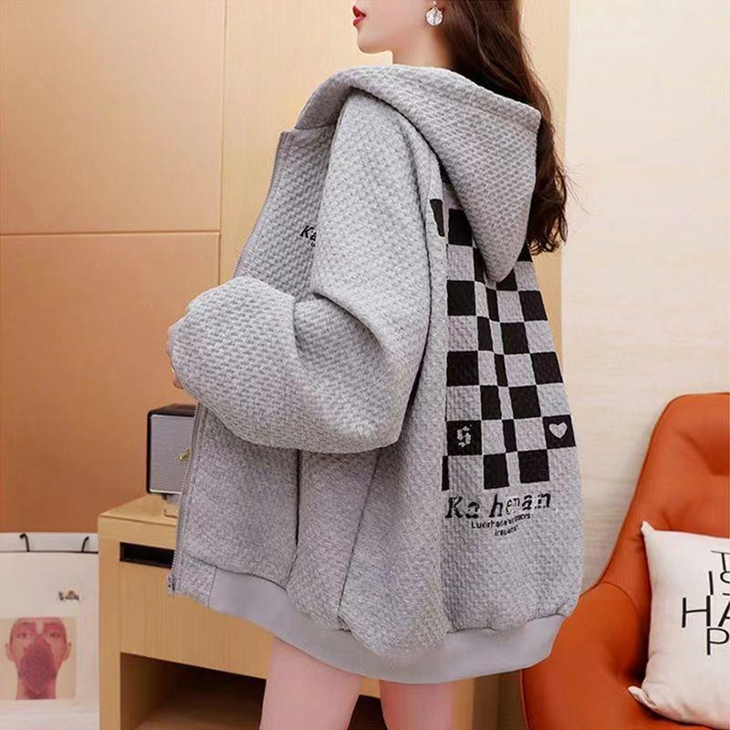 Женская куртка больших размеров с длинным рукавом, худи на молнии, уличная одежда, топы, осень-зима, повседневные свободные толстовки с капюшоном