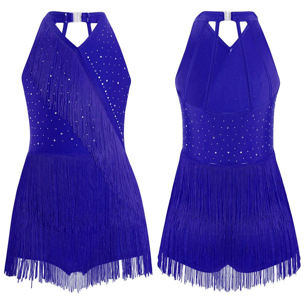 Детское платье для девочек, латиноамериканский купальник, танцевальный костюм, стразы, бахрома, боди, юбка, платье, халтер, V-образный вырез, без рукавов, комбинезон с кисточками