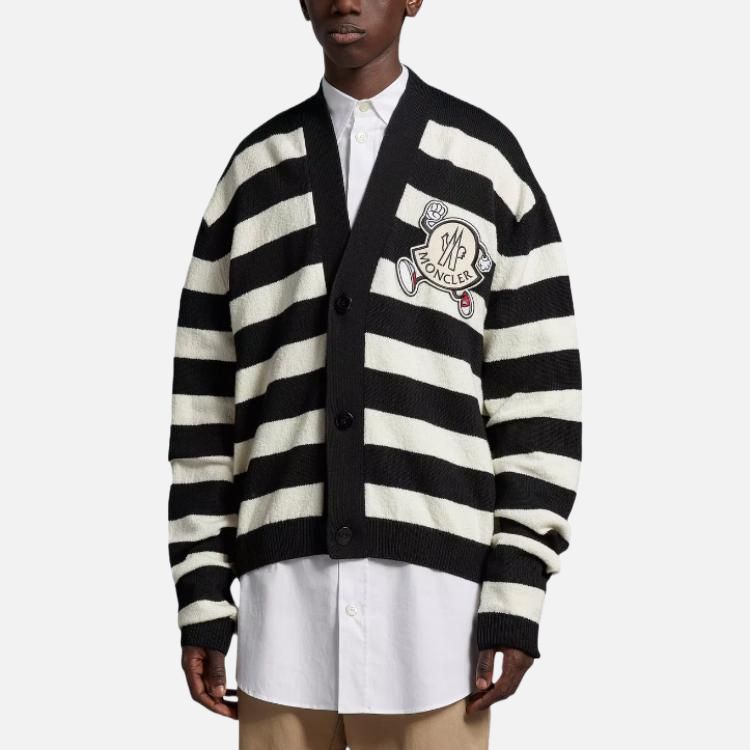 Moncler SS23 Color Block V-Neck Single-Breasted Long Sleeve Knit Sweater Men sweater Black I10919B00010M2672P90