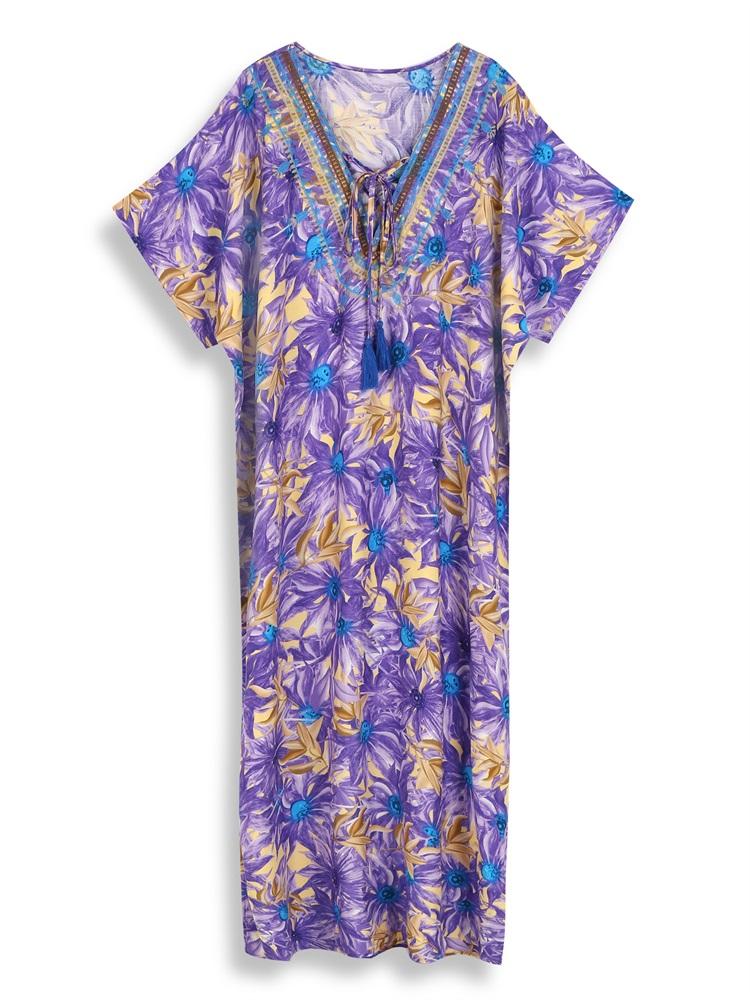 EDOLYNSA Plus Size Kaftan Purple Bohemian Printed Tasseled V-neck Summer Long Beach Dress Women Homewear Swim Suit Cover Up Loose Caftan Q1627