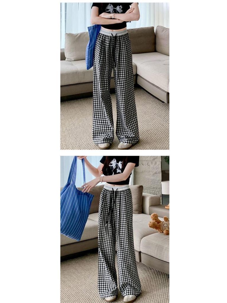 2025 Girls' Pink Plaid High-Waisted Loose Fit Yamamoto Pants: Retro Wide-Leg for Spring/Summer