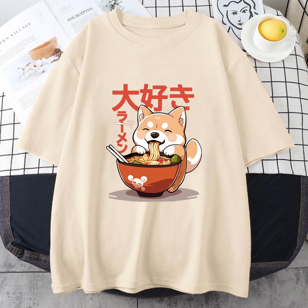 Shiba Inu Enjoying Ramen T-shirts 100% Cotton High Quality Summer Tee-shirt Casual Women/Men Kawaii Tshirt Cute Girls Shirts