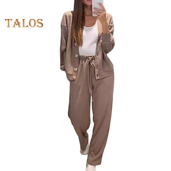 2 Pcs/Set Women Shirt Pants Set V Neck Single-breasted Long Sleeves Knitted Loose Top Drawstring Elastic Waist Wide Leg Trousers Sport Tracksuit