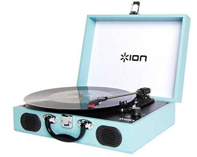 Портативный чемодан для записей ION Audio работает на проигрывателе виниловых дисков Light Blue, тип, встроенный динамик, портативный, батареи, транспорт,