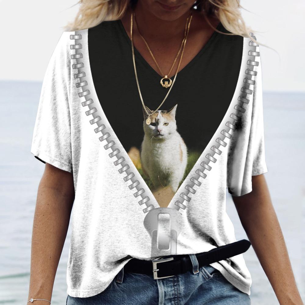 Футболка с 3D принтом кота, женские футболки большого размера с v-образным вырезом, топы, женские повседневные модные футболки с короткими рукавами, уличная одежда, женская одежда Y2k