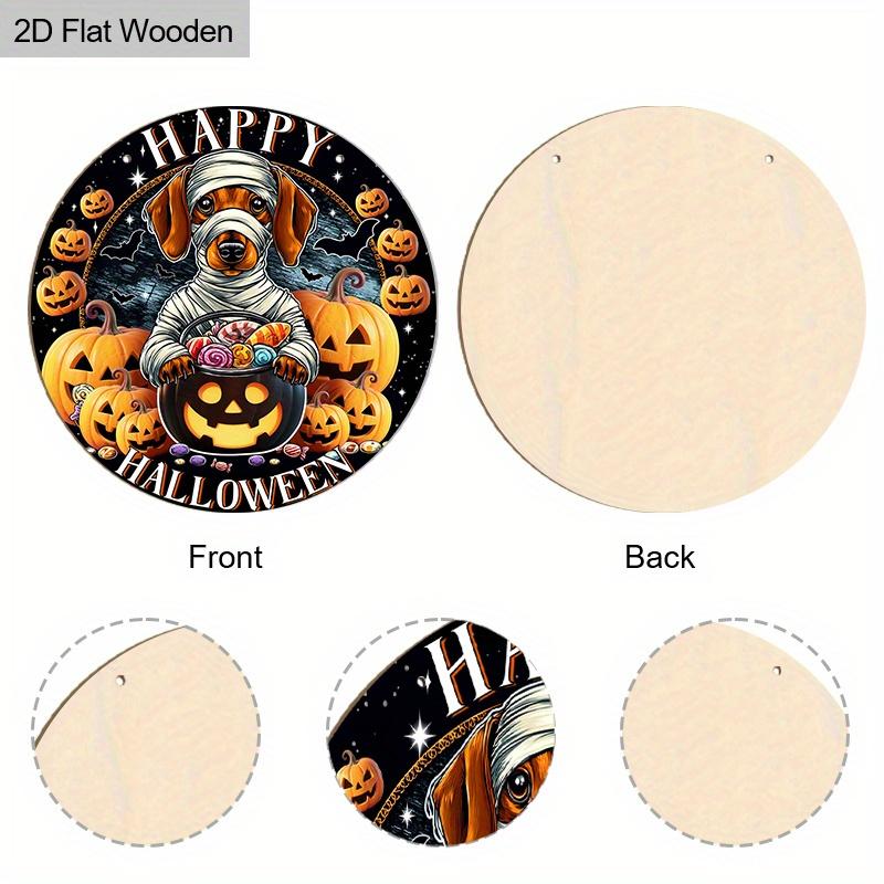 Halloween Wooden Sign with Bandaged Dog & Pumpkin Pattern - Unique Figurine Ornaments with Happy Halloween - Ideal for Front Door, Wall, Room Decor