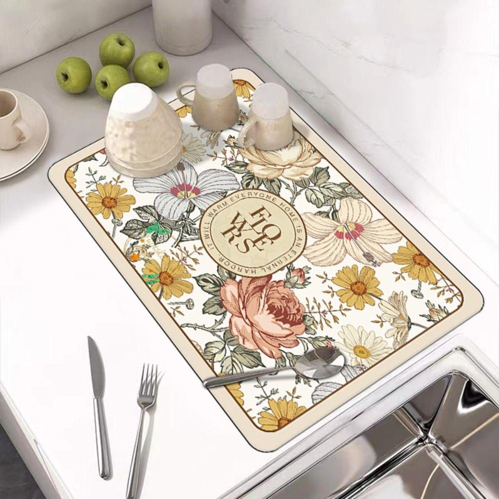 Коврик для сушки с цветочным принтом, нескользящий коврик для сушки посуды, коврик для сушки посуды, кухонный